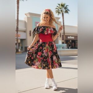 Vintage 80” floral off the shoulder Valley Girl  dress.